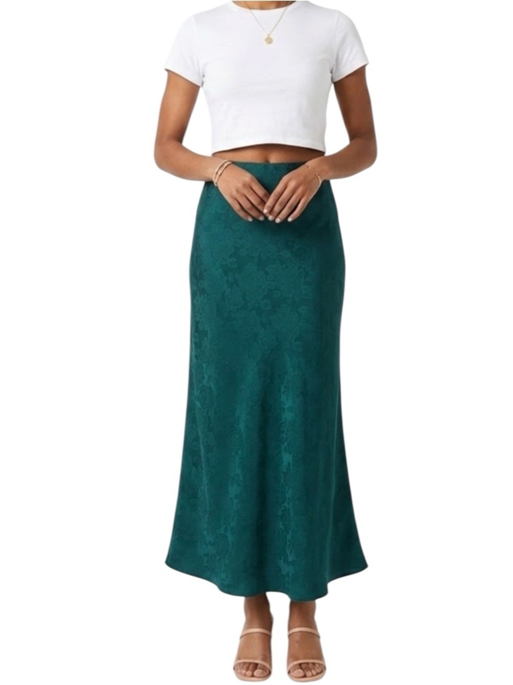WAYF Where Are You From Elegant Teal Floral Roses Jacquard Maxi Skirt - Women M